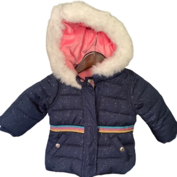 Carter's Little Girls Parka Winter Coat Size 12 Months Navy Fur Trim Hooded Coat - Picture 7 of 9